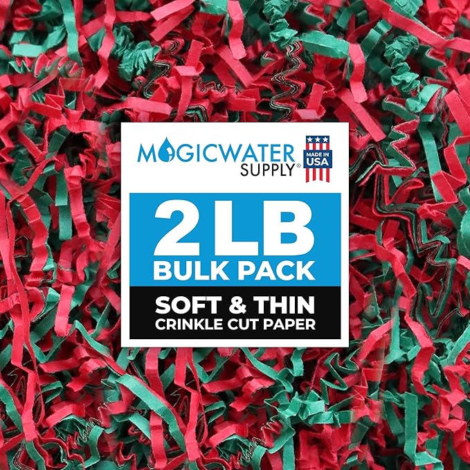 MagicWater Supply Soft & Thin Crinkle Cut Paper - 2 LB - Green & Red - Paper Shred Filler for Gift Wrapping, Basket Filling, Birthdays, Weddings, Anniversaries, Valentines Day, and other occasions