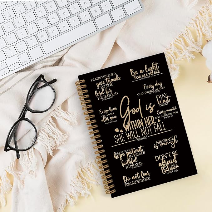 QLMX Black Gold Christian Prayer Spiral Notebook, Inspirational Religious Journal Notebook, Bible Notebooks for School Work, God Is Within Her She Will Not Fall Office Supplies Gifts, 5.5x8.3Inch