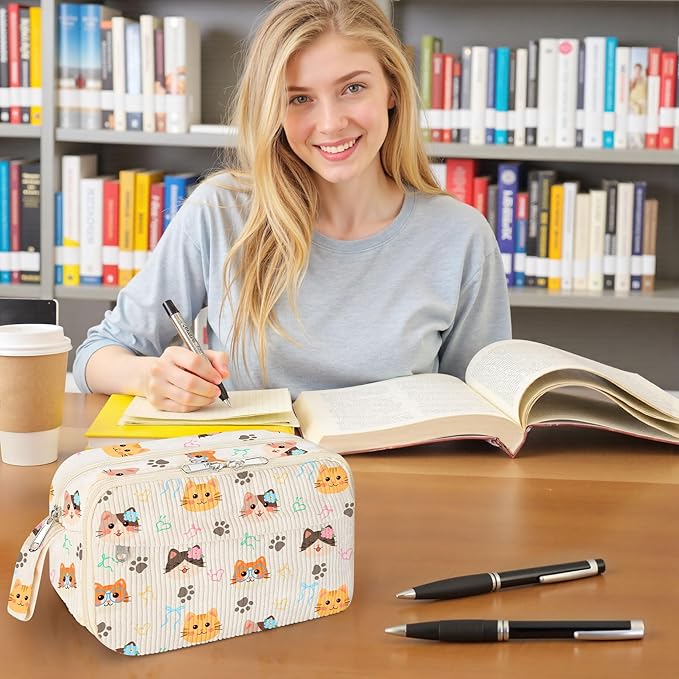 WOBAGMEN Cute Pencil Case,Large Corduroy Zippered Pencil Case Pouch, aesthetic Pencil Bag with Compartments, Pencil Pouch School Supplies (HY-corduroy pc-cat)