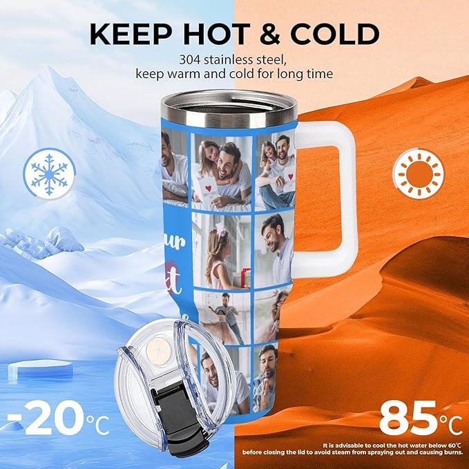 Personalized Tumbler Custom Vacuum Insulated Travel Mug Customizable Coffee Cup with Your Photos and Text Christmas Birthday Gift (18 Photos+Text)
