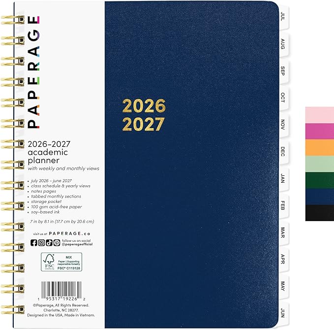 PAPERAGE Academic Planner, Weekly & Monthly Planner & Calendar, 12-Months, July 2026 - June 2027, (7" x 8"), School & Student Planning Agenda with Tabs, Bonus Pages & Inner Pocket, royal Blue