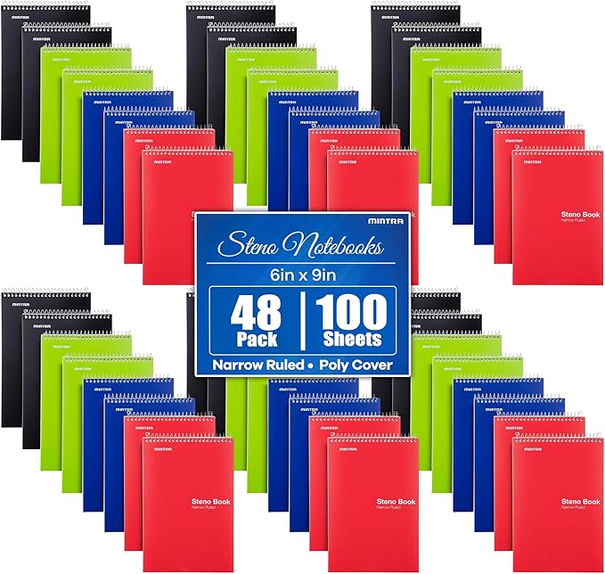 Mintra Office Steno Books Set - Top-Spiral Bound, Narrow Ruled, White Sheets, Poly Primary Color Covered Notebooks for Office, Professional, School & Work, Note-taking, Writing Pads, 6"x9", 48 Pack