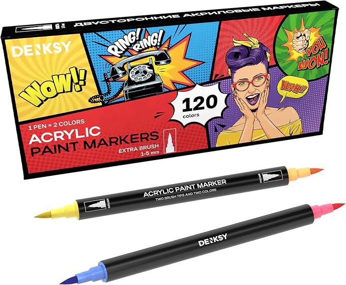 120 Dual Tip Acrylic Paint Markers Set | Colored Markers with Brush Tip | Art Markers for Adults | Acrylic Paint Pens for Rock Painting, Canvas, Glass, Wood, Ceramic, DIY Crafts, Fabric