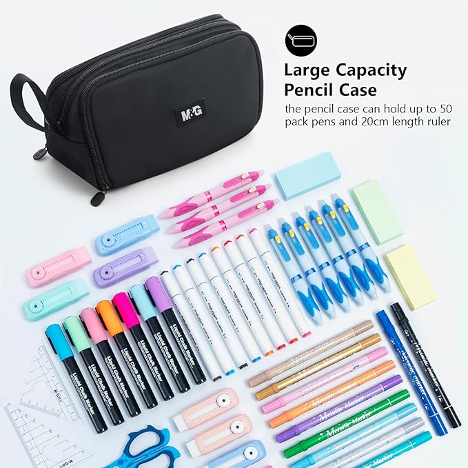 M&G Large Pencil Case, Big Capacity Pencil Pouch with 3-layer Compartment, Portable Handheld Pencil Bag, Cute School Stationery Organizer for Boys Girls Men Women, Ideal for Office School
