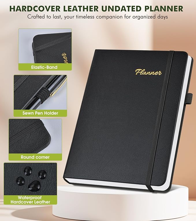 Undated Weekly and Monthly Planner, Hardcover Leather Calendar Blank Planner, Simplified To Do List Notebook with Goal & Habit Tracker Organizer, A5 Daily Weekly Planner for Work School Home, Black