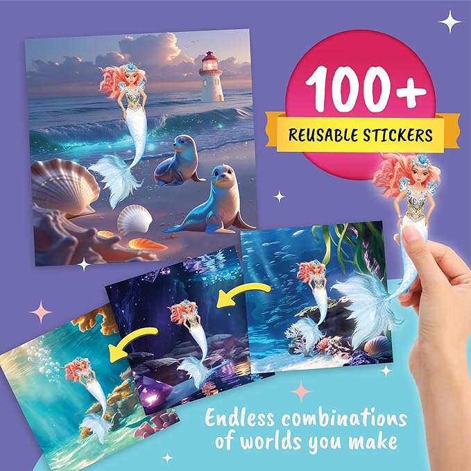 BSCOOL Mermaid Kingdom Reusable Sticker Book, 100+ Stickers, Underwater Fantasy Activity Book - Mermaid Sticker Dress Up for Girls Ages 4-6. Airplane Stickers Book for Toddlers. Gift for Girls