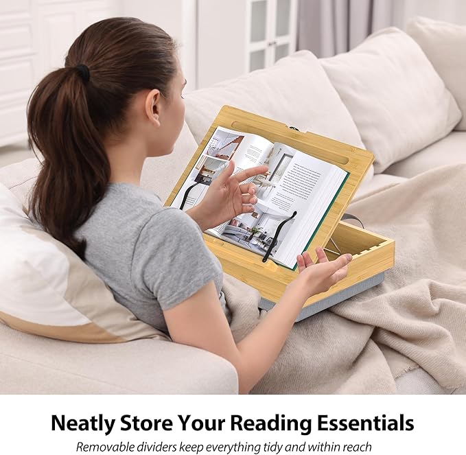 AboveTEK Book Stand for Reading with Storage, Adjustable Bamboo Book Holder with Soft Lap Cushion, Cookbook Stand, Hands-Free Book Reading Stand for Bed, Desktop & Kitchen Counter