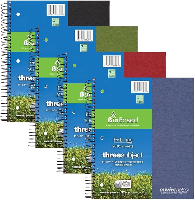 Roaring Spring Environotes Recycled Spiral Notebook, 3 Subject, 24 Pack, 11" x 9", 120 Perforated Sheets, 20 lb Bio-Based Paper, College Ruled w/ Margin, Assorted Earthtone Covers, Double Pocket, 2 Dividers, Made in USA