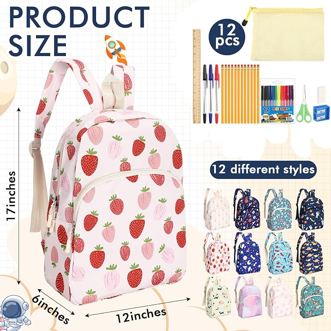 17'' Backpacks Bulk with Supplies Stationery Kits, Printed Bookbags and Writing Accessories Kit for Donation(Novelty,12 Pack)