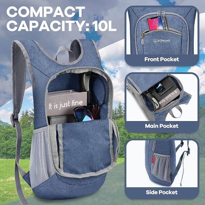 ZOMAKE Lightweight Packable Backpack, 10L Small Foldable Daypack for Hiking | Water Resistant Collapsible Backpacks for Women Men, Everyday Carry, Multi Compartment Storage, Adjustable Strap(Navy Blue)