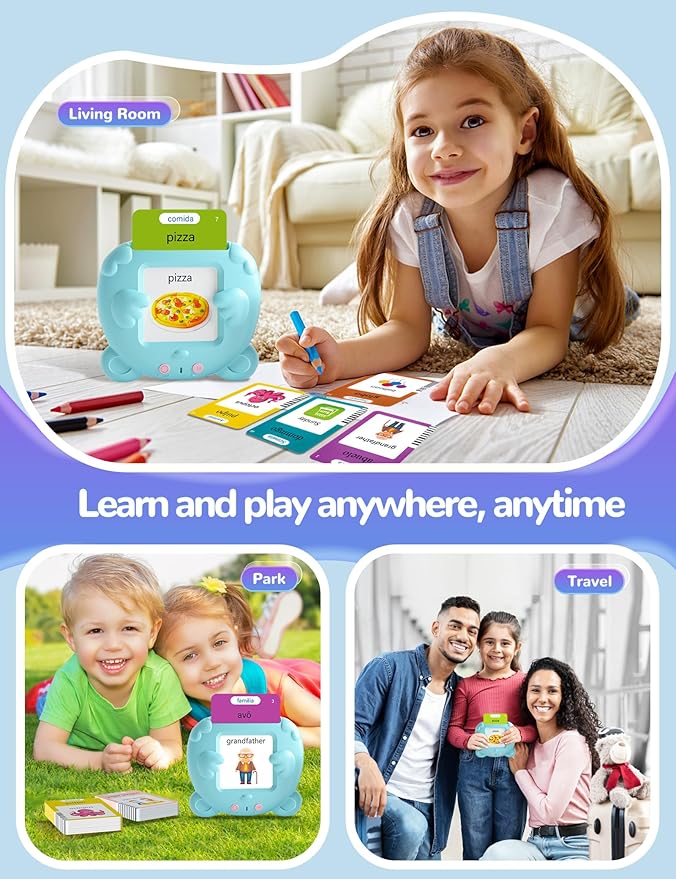 Portuguese and English Talking Flash Cards for Toddlers, 224 Sight Words Bilingual Learning Toys for Kids, Autism Pocket Speech Therapy Toys, Brazil Português Vocabulary Educational Flashcards