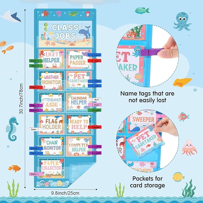 Blosssound Class Jobs Pocket Chart with 31 Cards 40 Colored Clips Classroom Teacher's Helper Management Educational Pocket Chart Bulletin Board Decorations Preschool Supplies(Ocean)