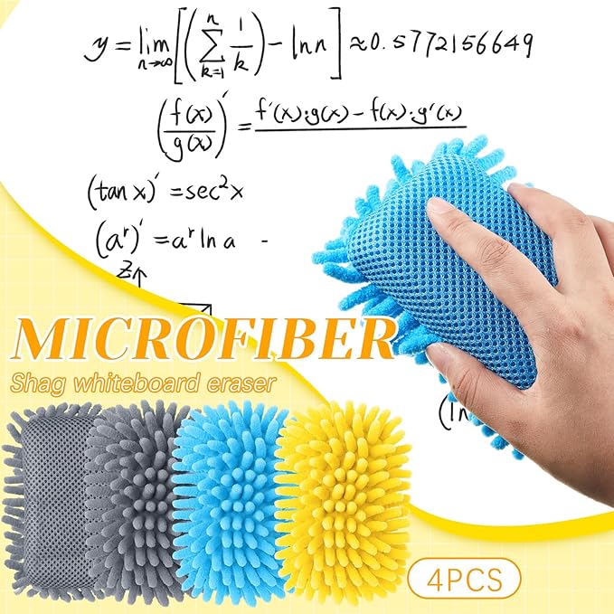 Zonon 4 Pieces Dry Erase Eraser Microfiber Shag Washable Whiteboard Eraser for Markers, Chalk, Home and Office (Blue,Yellow,Gray)