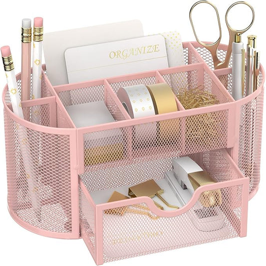 SUPEASY Mesh Desk Organizer, Desk Accessories & Workspace Organizers with Drawers, Pencil Holder for Desk with 9 Compartments for Office Suppliess, School, Classroom, 8.6 x 4.3 x 4.1 Inch, Pink