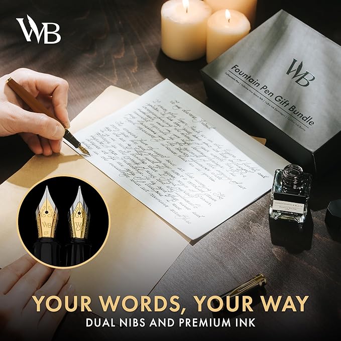 Wordsworth & Black Fountain Pen Set, 18K Gilded Medium and Extra Fine Nib, 25ML Black Bottle, 6 Ink Cartridges, Refill Converter, Smooth Writing Pens [Brown Gold], Gift Set for Men and Women