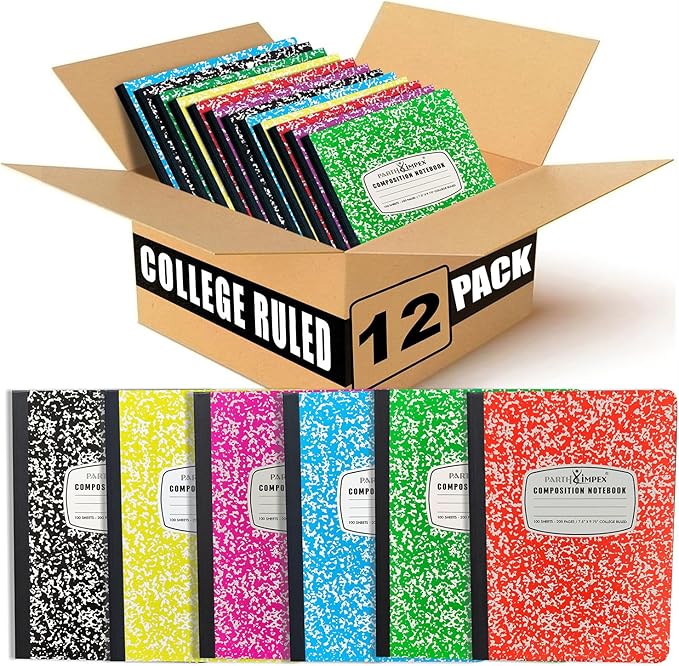 PARTH iMPEX 12 Pack Bulk Composition Notebooks College Ruled, 200 Pages (100 Sheets), 9-3/4 x 7-1/2, Hard Cover College Ruled Notebooks, Assorted Colors Composition Notebook For School Office