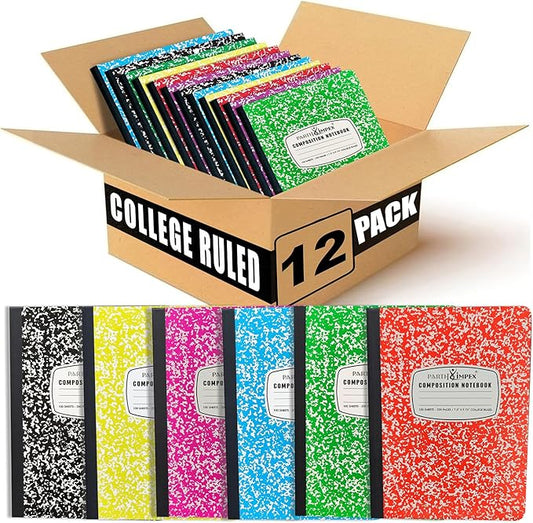 PARTH iMPEX 12 Pack Bulk Composition Notebooks College Ruled, 200 Pages (100 Sheets), 9-3/4 x 7-1/2, Hard Cover College Ruled Notebooks, Assorted Colors Composition Notebook For School Office