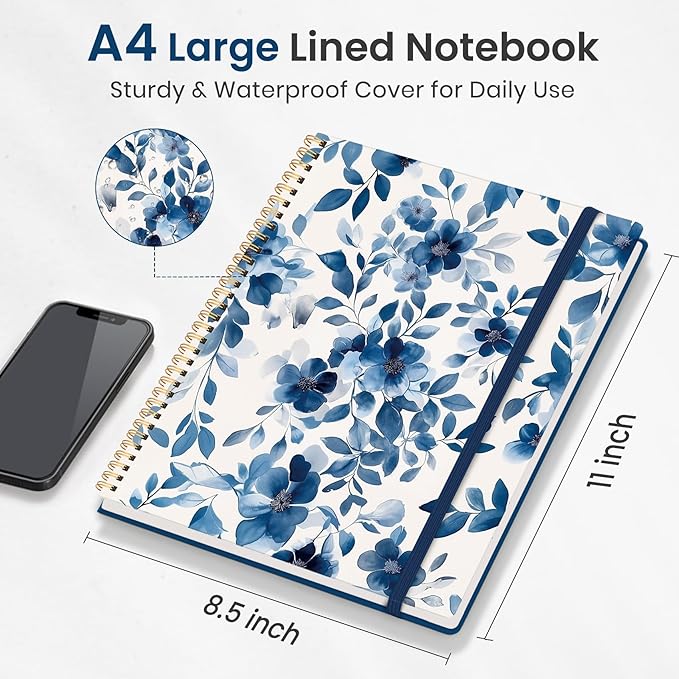 Taja Large Spiral Lined Journal for Women, 8.5" x 11" Notebooks for Work Collge Ruled, A4 Aesthetic Cute Journaling Notebooks for Writing, Plastic Cover, Watercolor Petal