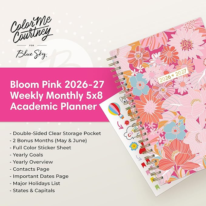 Blue Sky Color Me Courtney 2026-2027 Weekly and Monthly Academic Year Planner Calendar, July 2026 - June 2027, 5" x 8", Flexible Cover, Wirebound, Laminated Tabs, Storage Pocket, Includes Stickers, Bloom Pink