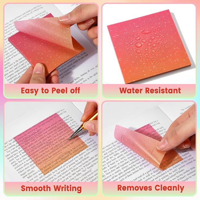 Gueevin 600 Sheets Transparent Sticky Notes 12 Pack Glitter Translucent Clear Sticky Notes Tabs Gradient 6 Color Frosted 2.9'' See Through Memo for Women Aesthetic Bible Journaling Office Supplies
