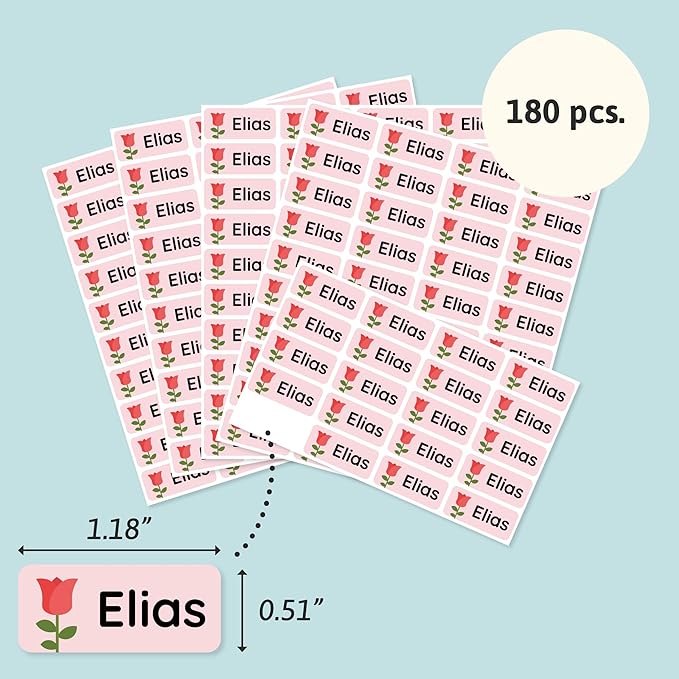 Personalized Name Labels for Kids (180) – Custom Waterproof & Durable Stickers for Clothing, Daycare, Office & School Supplies - Flowers