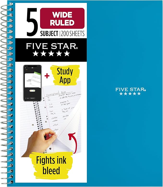 Five Star Spiral Notebook + Study App, 5 Subject, Wide Ruled Paper, 8" x 10-1/2", 200 Sheets, Fights Ink Bleed, Water Resistant Cover, Tidewater Blue (73196)