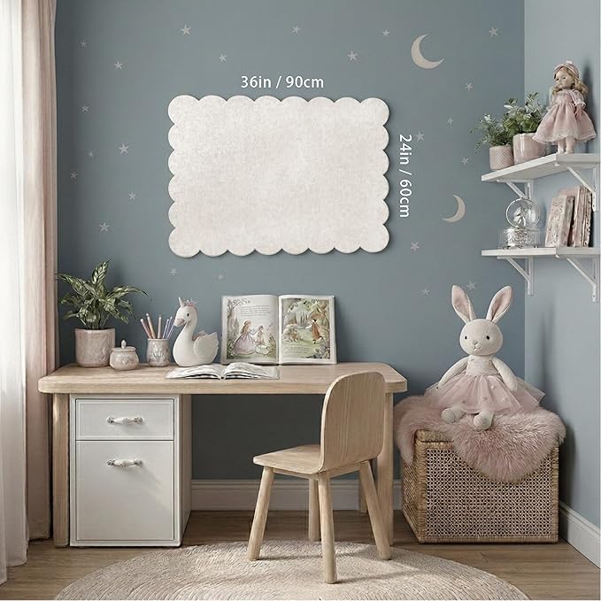 Scalloped Bulletin Board, 36x24 Scalloped Felt Bulletin Board, 3' by 2' Trifold Foldable Picture Display with 20 Pins & 5 Cute Decors - Beige