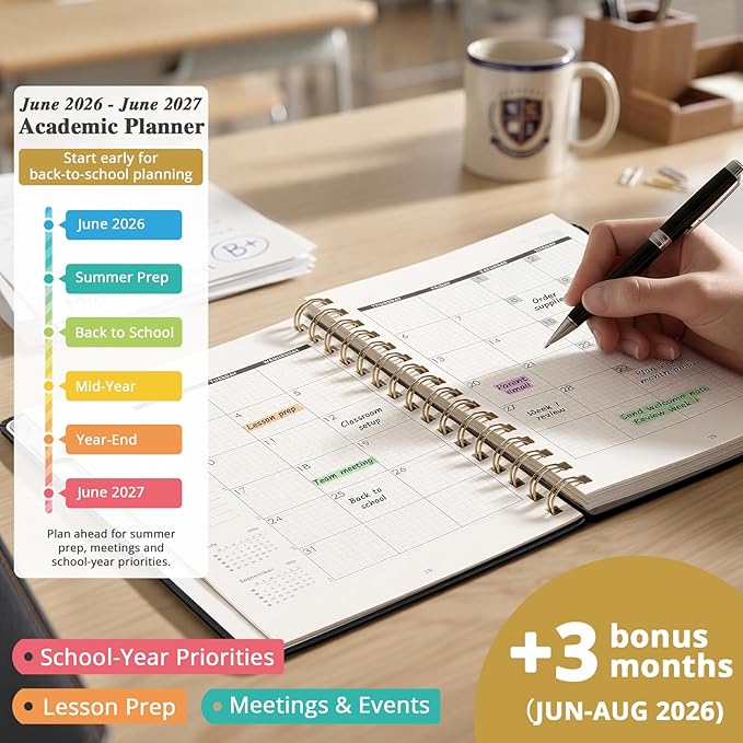 JoyCat 13-Month Academic Planner 2026-2027, June 2026 - June 2027, A5 Weekly & Monthly Planner, Hardcover Agenda with Tabs, 5 Sticker Sheets, Elastic Closure & Pocket for Teachers & Students, 6.3" x 8.5", Black