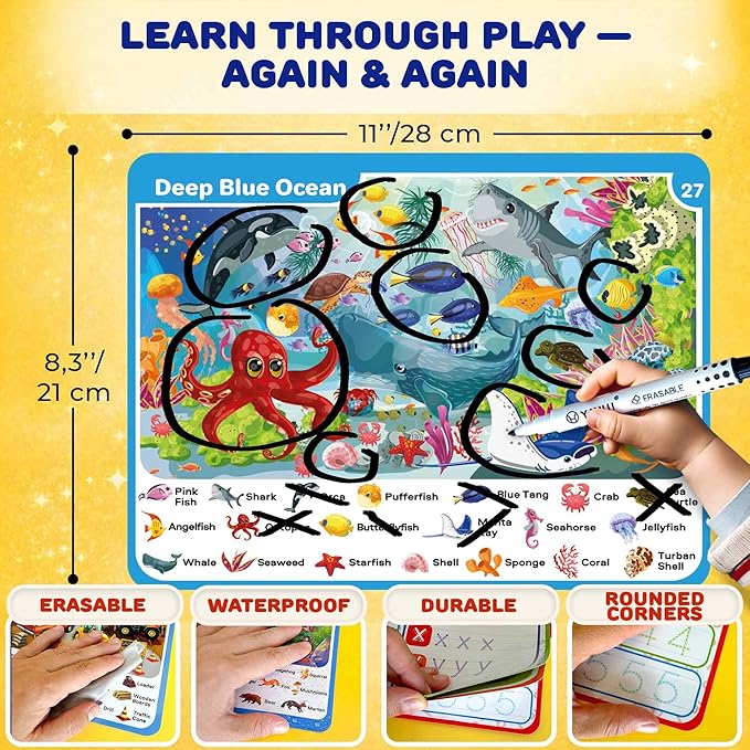 QUOKKA Busy Book for Toddlers 3-5 – Adventure Search and Find Activity Pad - Toddler Dry Erase Learning Workbook with Markers for Travel Quiet Time