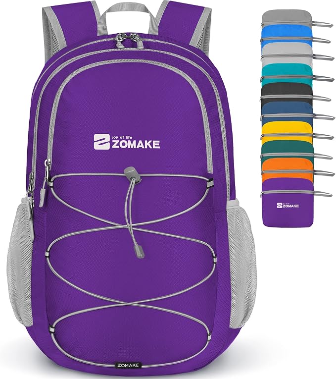 ZOMAKE Lightweight Packable Backpack, Water Resistant Foldable Daypack 28L | Light Hiking Backpacks Collapsible Day Pack for Travel, Everyday Carry, Multi Compartment Storage, Adjustable Strap (Purple)