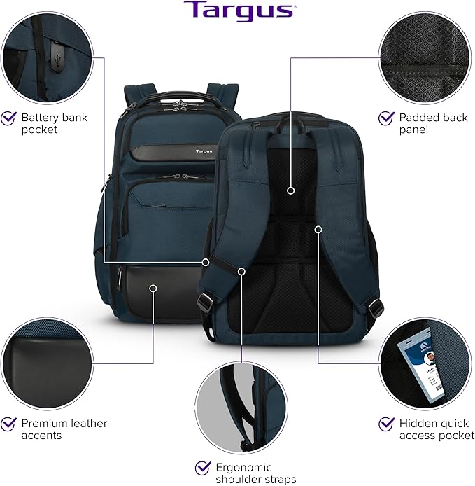 Targus HeritageLuxe Backpack 15-16” – Blue Laptop Bag with SafeSling Protection, RFID Pocket, USB-C Charging, Tracker Slot, Eco Fabric, Leather Accents - TBB65602GL