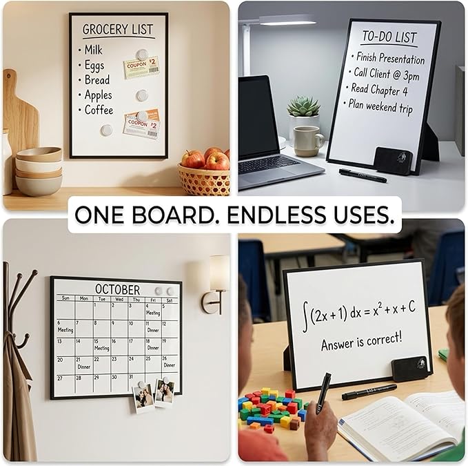 Magnetic Dry Erase Board 12x16 with Foldable Stand, Portable Black Desktop Whiteboard for Home, Office, School & Kitchen