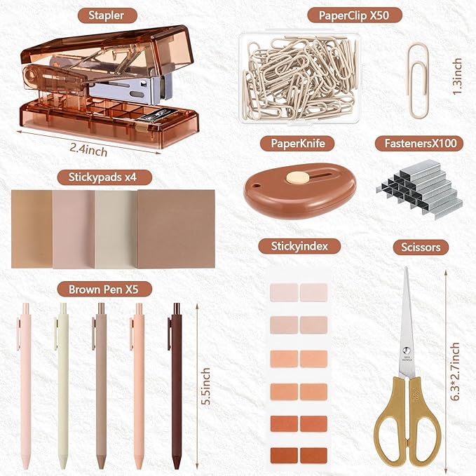 Khaki Mini Office Supplies Kit School Supplies Desk Accessories with Gel Pens Sticky Notes Stapler 1000 Scissor Paper Clips Index Tabs Box Cutter for Back to School Office