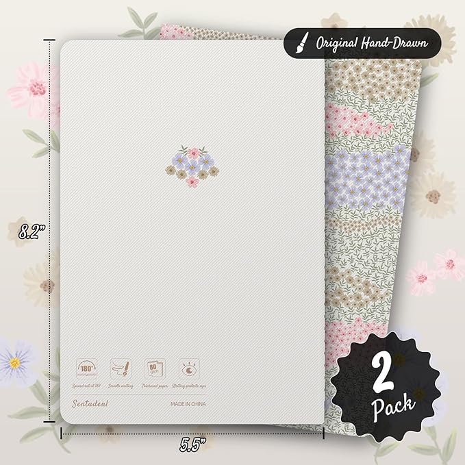 Stitched Composition Notebooks 2-Pack with Unique Art Designed Cover, A5 Lined Diary (8.2"L*5.5"W), Lay Flat Design, Thicked Paper Writes Smoothly for School and Office (Flower Sea)