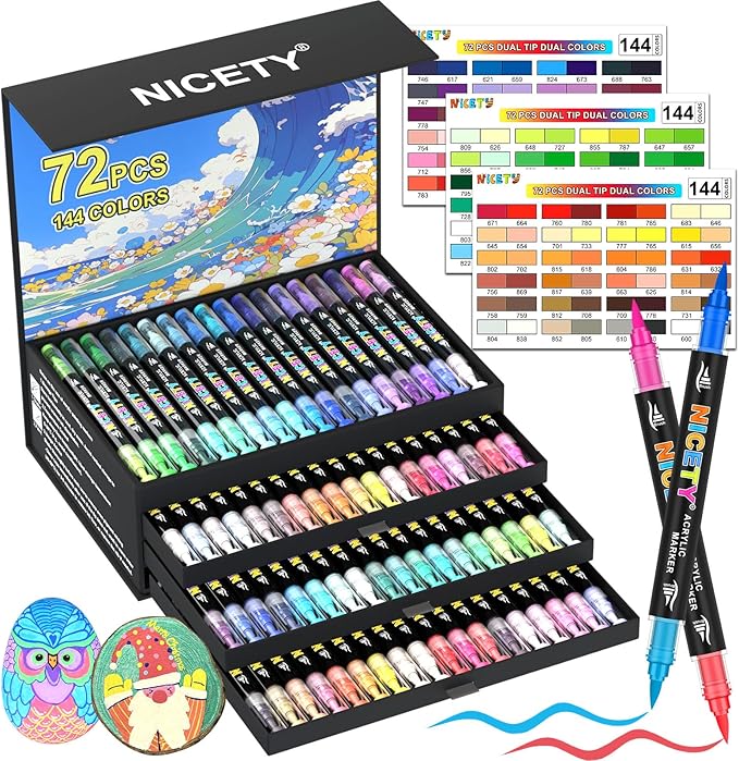 NICETY 144 Colors Acrylic Paint Markers – 72 Pack Dual Tip Acrylic Paint Pens with Brush Tip, Water-Based Quick-Dry Non-Bleed Paint Markers for Rock, Wood, Glass, Ceramic, Fabric, and Canvas