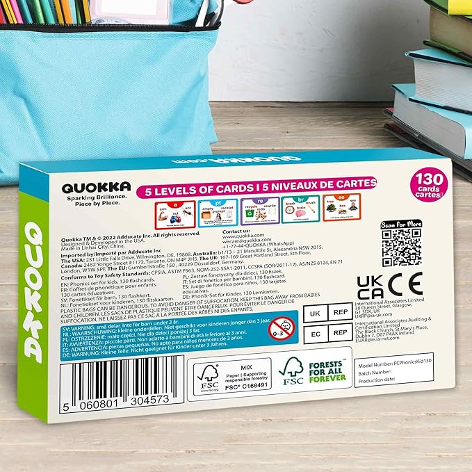 QUOKKA Phonics Flash Cards for Kids Ages 4-8 – 20 Phonic Stages 130 Card Games for Kids Ages 3-5 and 6-8 – Learn to Read Games & Reading Manipulatives for Phonemic Awareness – Alphabet CVC Blends etc