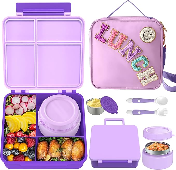 Aimsnk Kids Bento Lunch Box with 8oz Soup Thermo, Kids Leakproof Lunch Food Containers with 4 Compartment,Insulated Hot Food Jar with Lunch Bag for School, Travel (Purple)