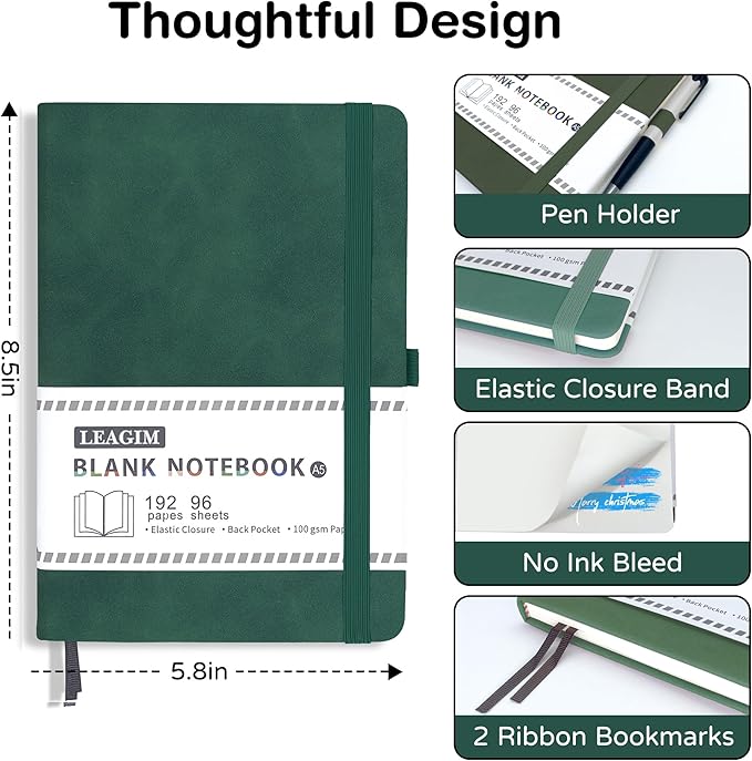 Blank Journal Notebook, A5, 192 Pages 100 GSM Thick Sketch Book for Women Men, Hardcover Leather Unlined Journaling for Work, Notebooks for Writing, 5.8 inches x 8.5 inches (Dark Green)