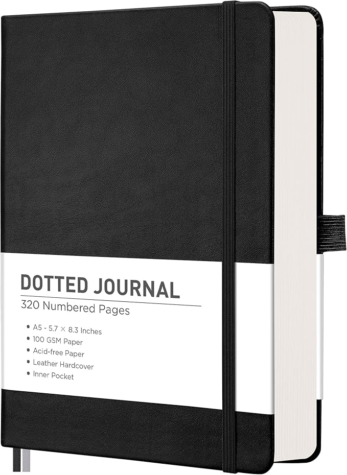 RETTACY Dotted Journal Notebook, 320 Numbered Pages, A5 Medium Size (5.7'' × 8.3''), Leather Hardcover, 100 GSM Thick Paper, for Journaling, Planning, Tracking (Black)