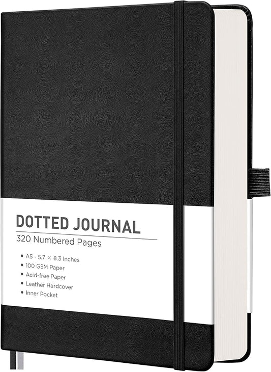 RETTACY Dotted Journal Notebook, 320 Numbered Pages, A5 Medium Size (5.7'' × 8.3''), Leather Hardcover, 100 GSM Thick Paper, for Journaling, Planning, Tracking (Black)