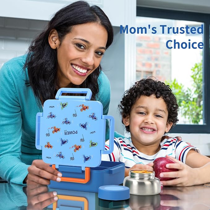 Bento Box for Kids with Thermos, [Large Capacity] Insulated Kids Lunch Box with 4 Compartment for Ages 3+, Drop-Proof & Dishwasher Safe Lunchbox Container Blue
