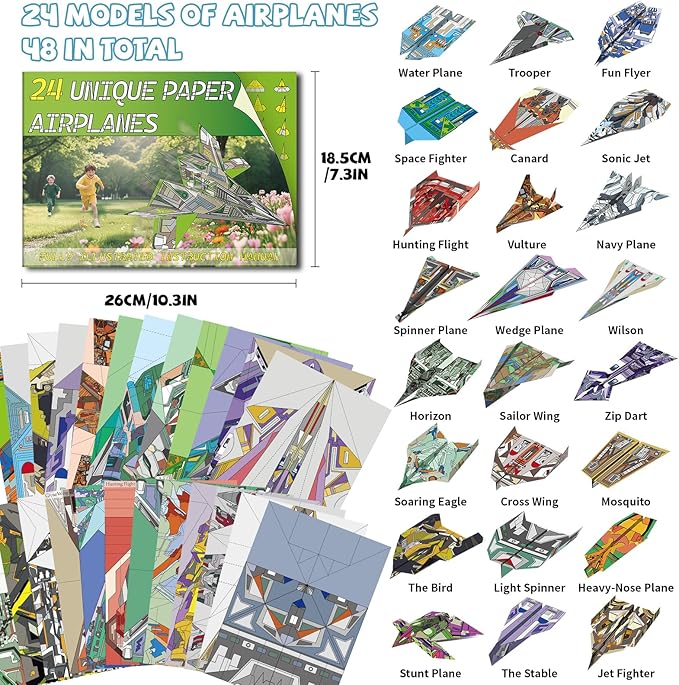 Elfew 48 Sheet Paper Airplane Kit for Kids Ages 6-8,8-12, Origami Paper Plane Kits for Boys, Crafts for Kids Activities, Origami Book, Airplane Toys Gifts for Boys and Girls