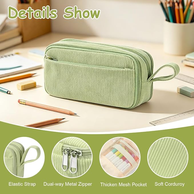 BuyCard Sage green Large Capacity Corduroy Pencil Case, Zipper Pouch, Casual Style, Supplies Organizer for Teen Girls, Boys, Women and Men