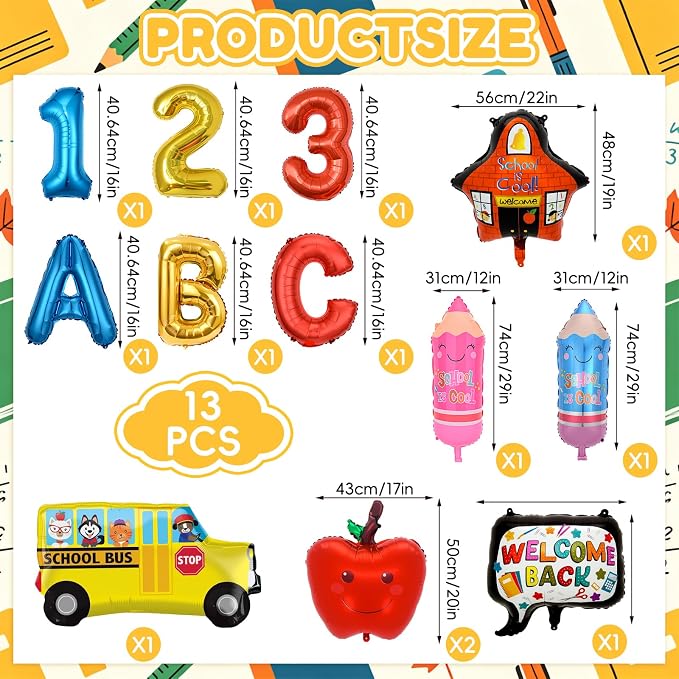 Back to School Balloons,Back to School Decorations,ABC 123 Foil Balloons | 13PCS Back to School Balloon with School Bus,Apples,Pencils, Welcome Balloon for Classroom, Kindergarten, First Day of School