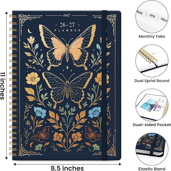 Planner 2026-2027, Hardcover Monthly and Weekly Academic Planner July 2026 - June 2027, Teacher and Student Calendar Agenda Book with Tabs, A4 (8.5" x 11"), Ideal for School and Office, Golden Butterfly
