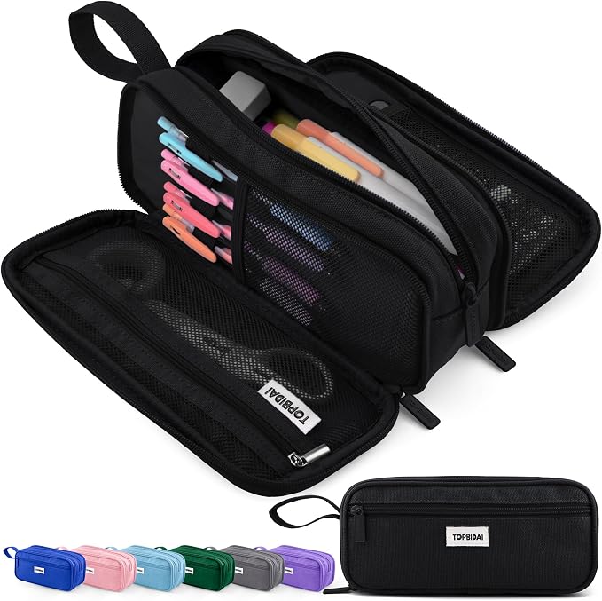 TOPBIDAI Large Pencil Case Pouch for Girls Boy Women Men Adults | Big Capacity Canvas Pencil Bag, Office School Supplies, Multi Compartment Zipper Stationery Pen Box (Coal Black)
