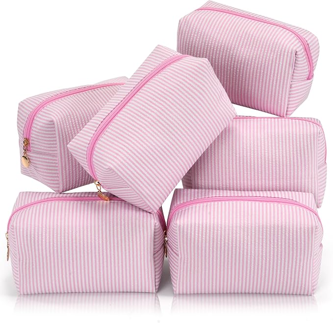Makeup Bag Set for Women, 6PCS Travel Cosmetic Bags, Striped Seersucker Toiletry Organizer Pouches, Cute Makeup Pouch for Purse, Accessories and Gifts, Pink