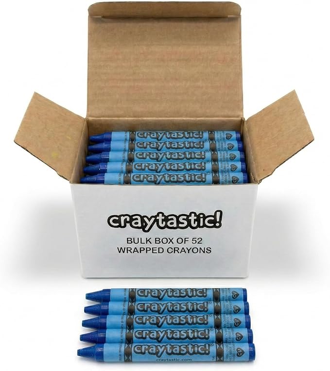 Craytastic! Bulk Wrapped Crayons Box of 52 (Blue) for Crafting, Parties, Kids - Paper Wrapped - Safety Tested Compliant with ASTM D-4236