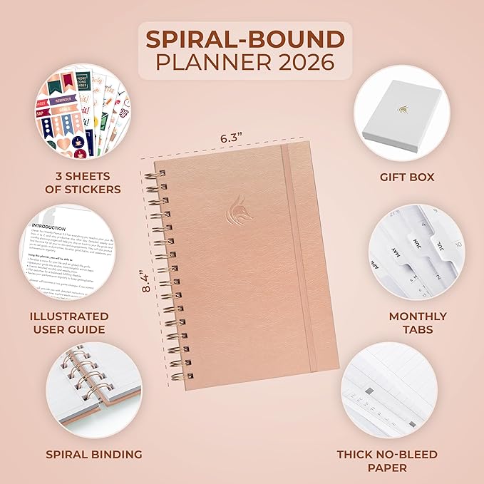 Clever Fox Dated Planner with Tabs 2026 – Weekly & Monthly Spiral Planner with Habit Tracker for Goal Setting & Time Management (Rose Gold)