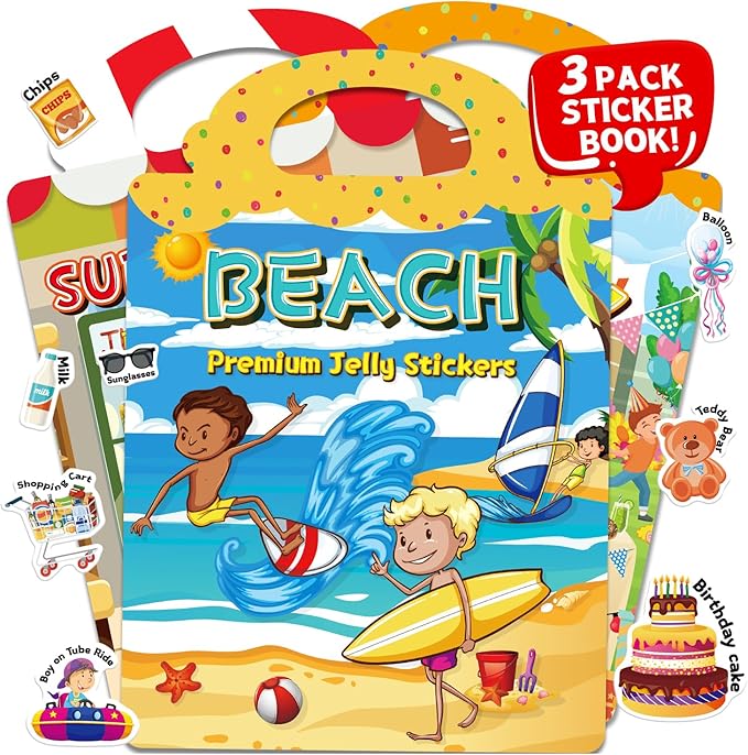 3 Sets of Reusable Jelly Stickers Books - Perfect for 3-6 Year Olds Jelly Stickers Books - Airplane and Car Travel Toys Educational Gifts for Boys and Girls (Beach+Supermarket+Party)